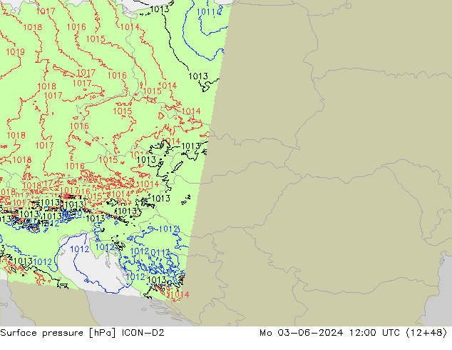 Presión superficial ICON-D2 lun 03.06.2024 12 UTC