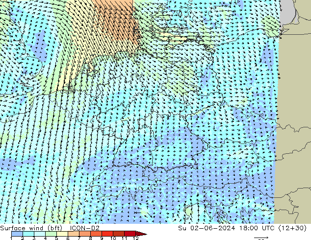 Surface wind (bft) ICON-D2 Su 02.06.2024 18 UTC