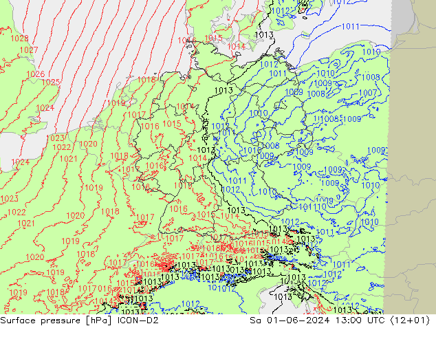 地面气压 ICON-D2 星期六 01.06.2024 13 UTC