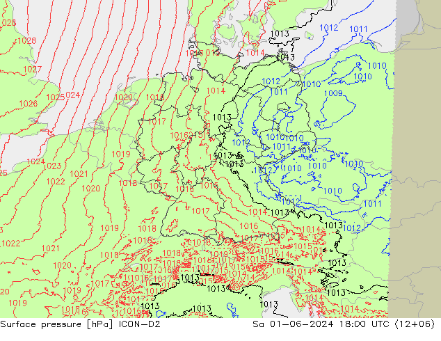 Atmosférický tlak ICON-D2 So 01.06.2024 18 UTC