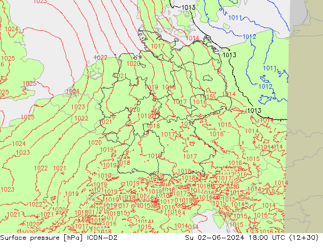 Surface pressure ICON-D2 Su 02.06.2024 18 UTC