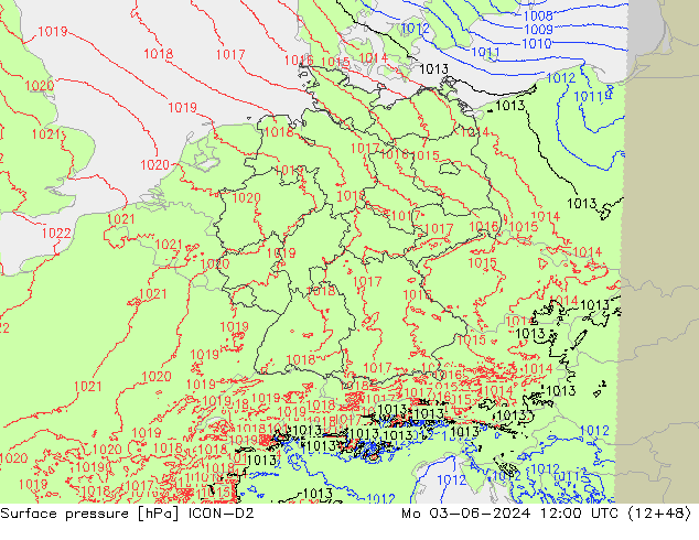Atmosférický tlak ICON-D2 Po 03.06.2024 12 UTC