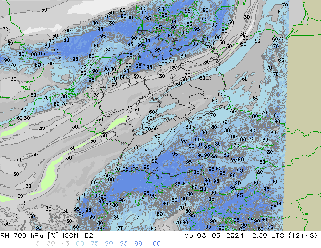RH 700 hPa ICON-D2 pon. 03.06.2024 12 UTC