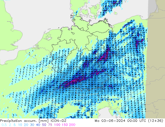 Precipitación acum. ICON-D2 lun 03.06.2024 00 UTC