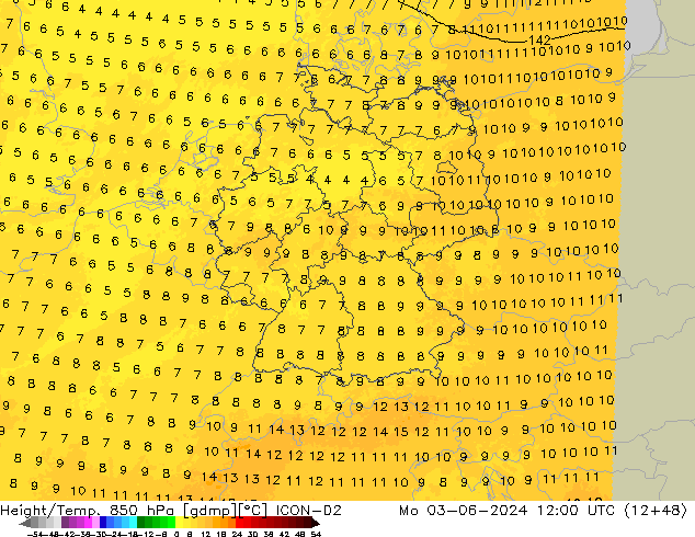 Height/Temp. 850 hPa ICON-D2 Mo 03.06.2024 12 UTC