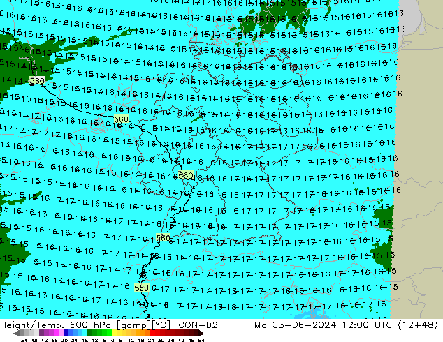 Height/Temp. 500 hPa ICON-D2 Seg 03.06.2024 12 UTC