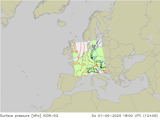 Presión superficial ICON-D2 sáb 01.06.2024 18 UTC