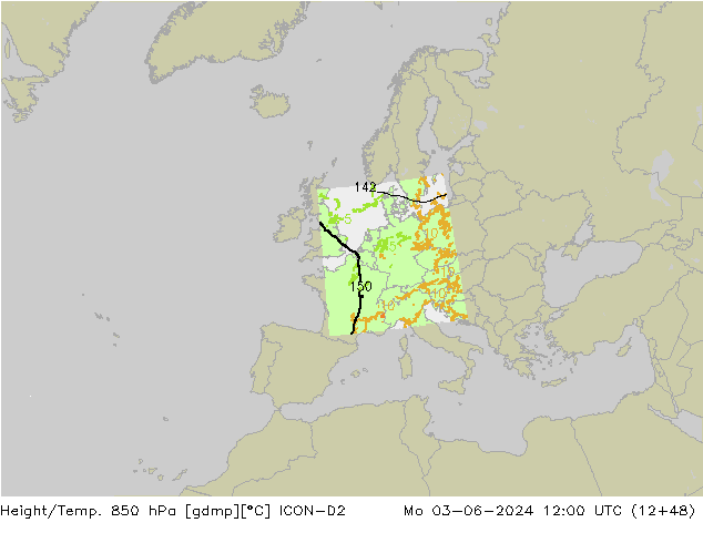 Height/Temp. 850 hPa ICON-D2 Mo 03.06.2024 12 UTC