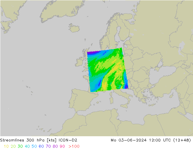 Rüzgar 300 hPa ICON-D2 Pzt 03.06.2024 12 UTC