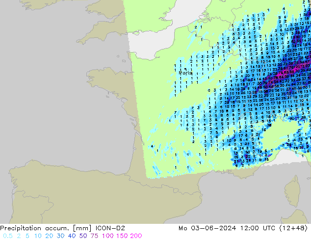 Precipitation accum. ICON-D2 pon. 03.06.2024 12 UTC