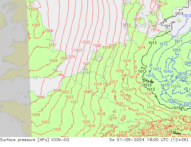 地面气压 ICON-D2 星期六 01.06.2024 18 UTC