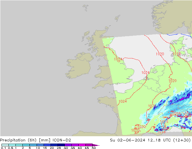 Precipitation (6h) ICON-D2 Su 02.06.2024 18 UTC