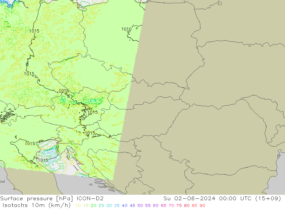 Isotachs (kph) ICON-D2 dom 02.06.2024 00 UTC