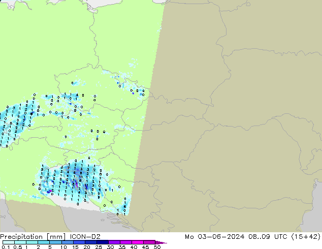 Srážky ICON-D2 Po 03.06.2024 09 UTC
