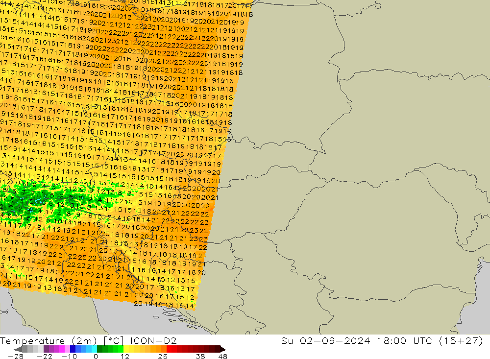 Temperature (2m) ICON-D2 Ne 02.06.2024 18 UTC