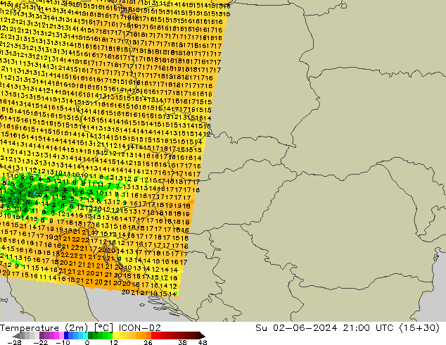 Temperature (2m) ICON-D2 Su 02.06.2024 21 UTC