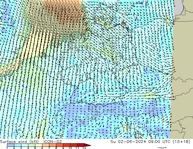 Surface wind (bft) ICON-D2 Ne 02.06.2024 09 UTC