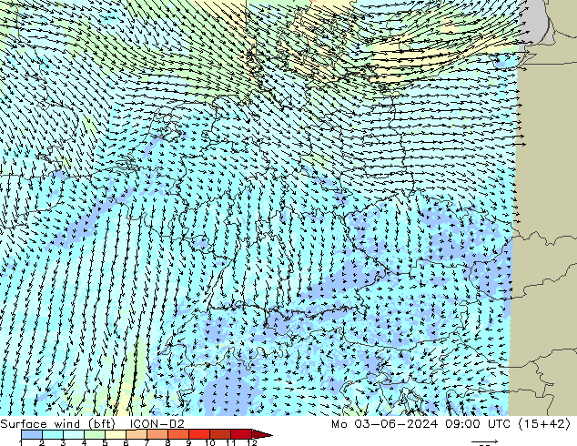 Surface wind (bft) ICON-D2 Mo 03.06.2024 09 UTC