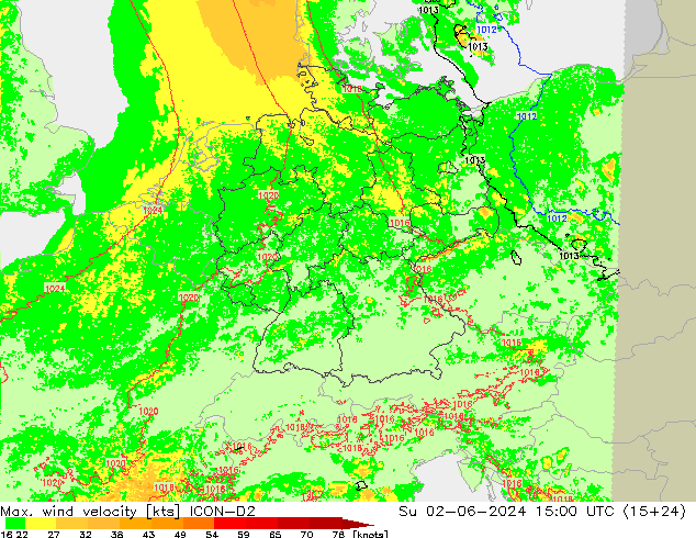 Max. wind velocity ICON-D2 dom 02.06.2024 15 UTC