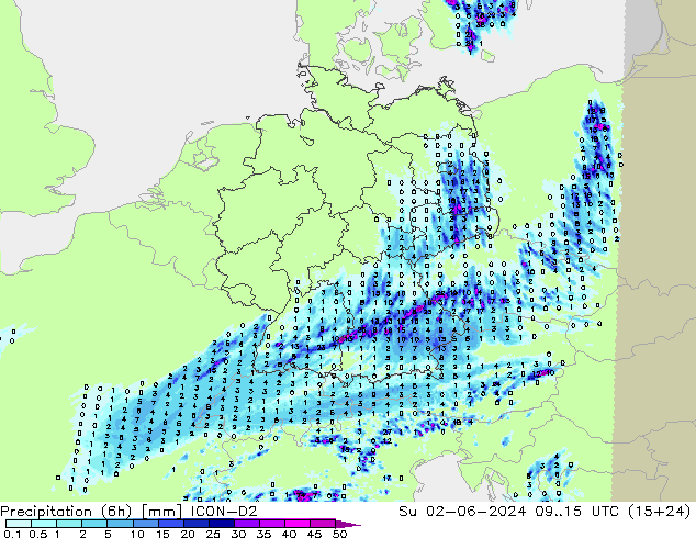 Precipitation (6h) ICON-D2 Su 02.06.2024 15 UTC