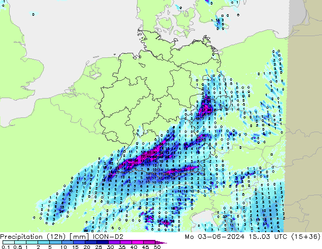 Precipitation (12h) ICON-D2 Mo 03.06.2024 03 UTC