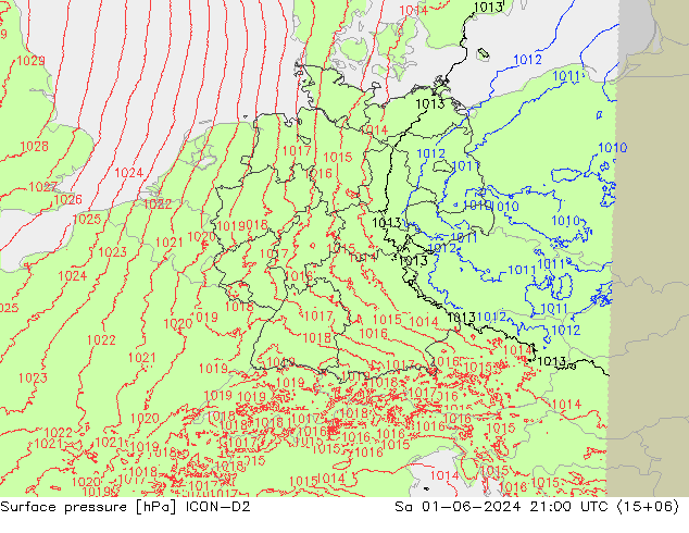 地面气压 ICON-D2 星期六 01.06.2024 21 UTC