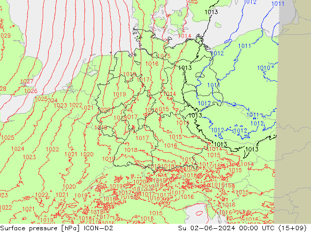 Presión superficial ICON-D2 dom 02.06.2024 00 UTC