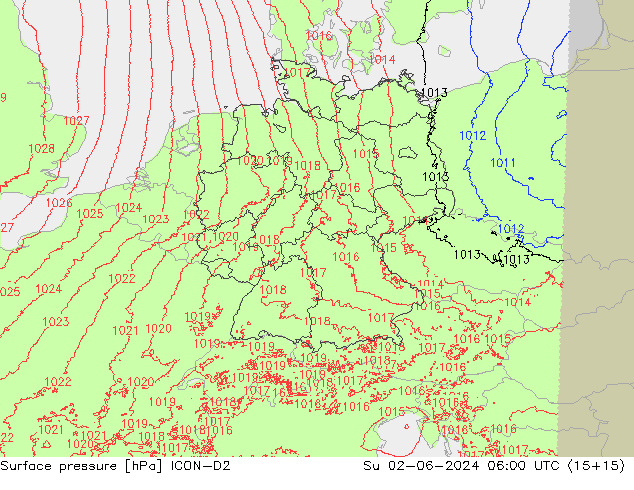 Surface pressure ICON-D2 Su 02.06.2024 06 UTC