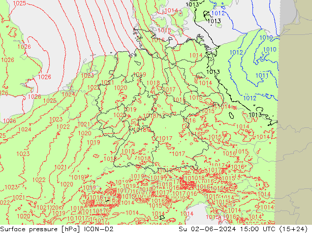 Surface pressure ICON-D2 Su 02.06.2024 15 UTC