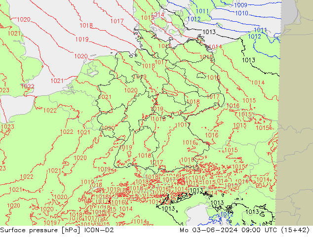 Surface pressure ICON-D2 Mo 03.06.2024 09 UTC