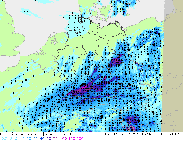 Precipitation accum. ICON-D2 Seg 03.06.2024 15 UTC