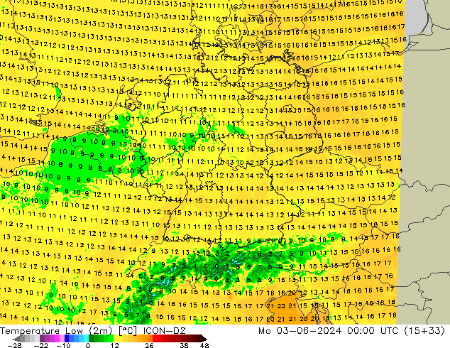 Temp. minima (2m) ICON-D2 lun 03.06.2024 00 UTC