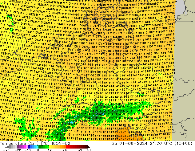 Temperatuurkaart (2m) ICON-D2 za 01.06.2024 21 UTC