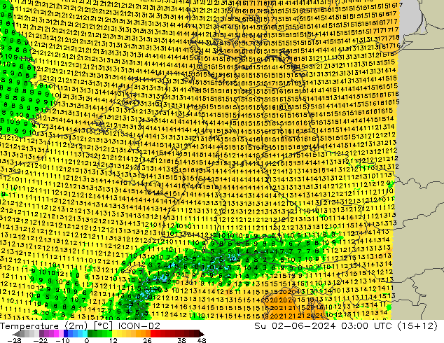 Temperature (2m) ICON-D2 Ne 02.06.2024 03 UTC