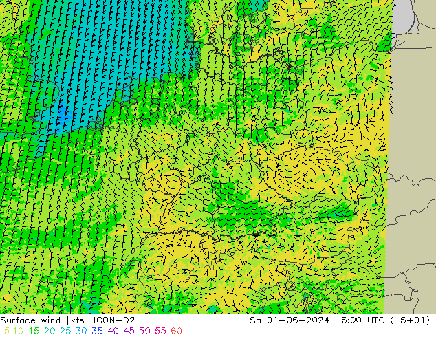 Vent 10 m ICON-D2 sam 01.06.2024 16 UTC