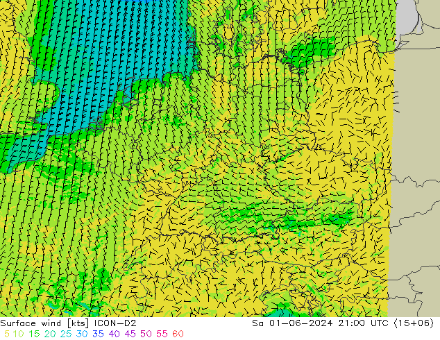 Surface wind ICON-D2 So 01.06.2024 21 UTC