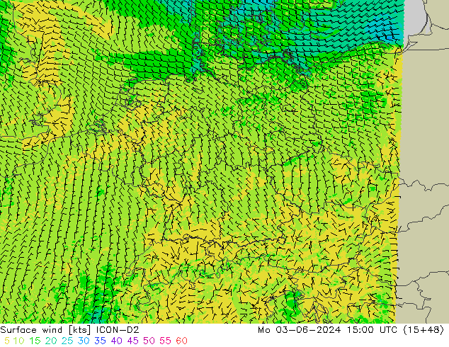 风 10 米 ICON-D2 星期一 03.06.2024 15 UTC