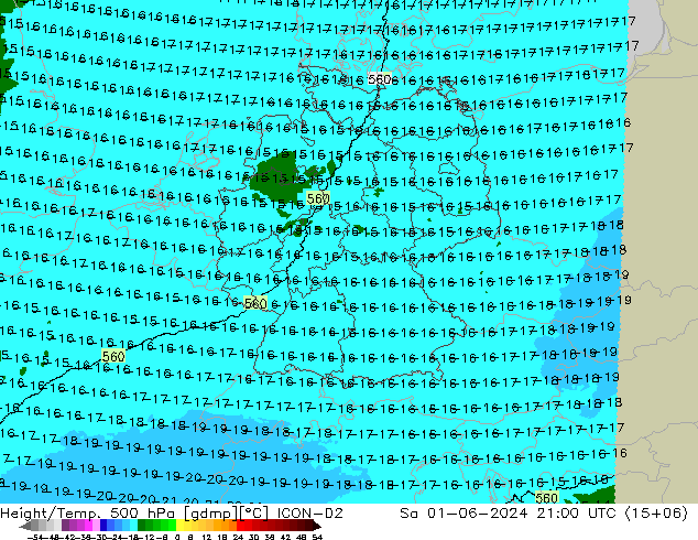 Height/Temp. 500 hPa ICON-D2 Sa 01.06.2024 21 UTC