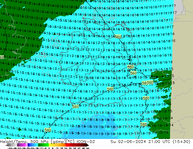 Hoogte/Temp. 500 hPa ICON-D2 zo 02.06.2024 21 UTC