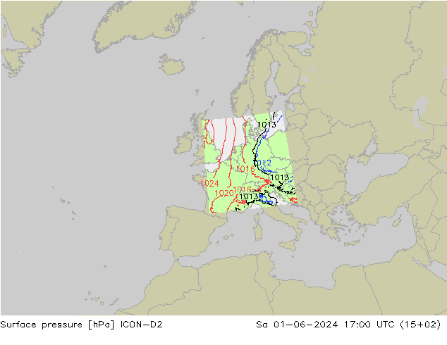 Surface pressure ICON-D2 Sa 01.06.2024 17 UTC