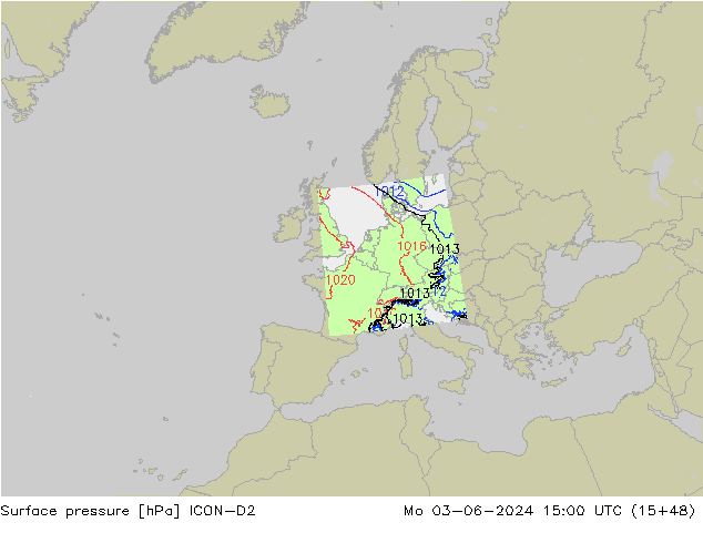 Atmosférický tlak ICON-D2 Po 03.06.2024 15 UTC