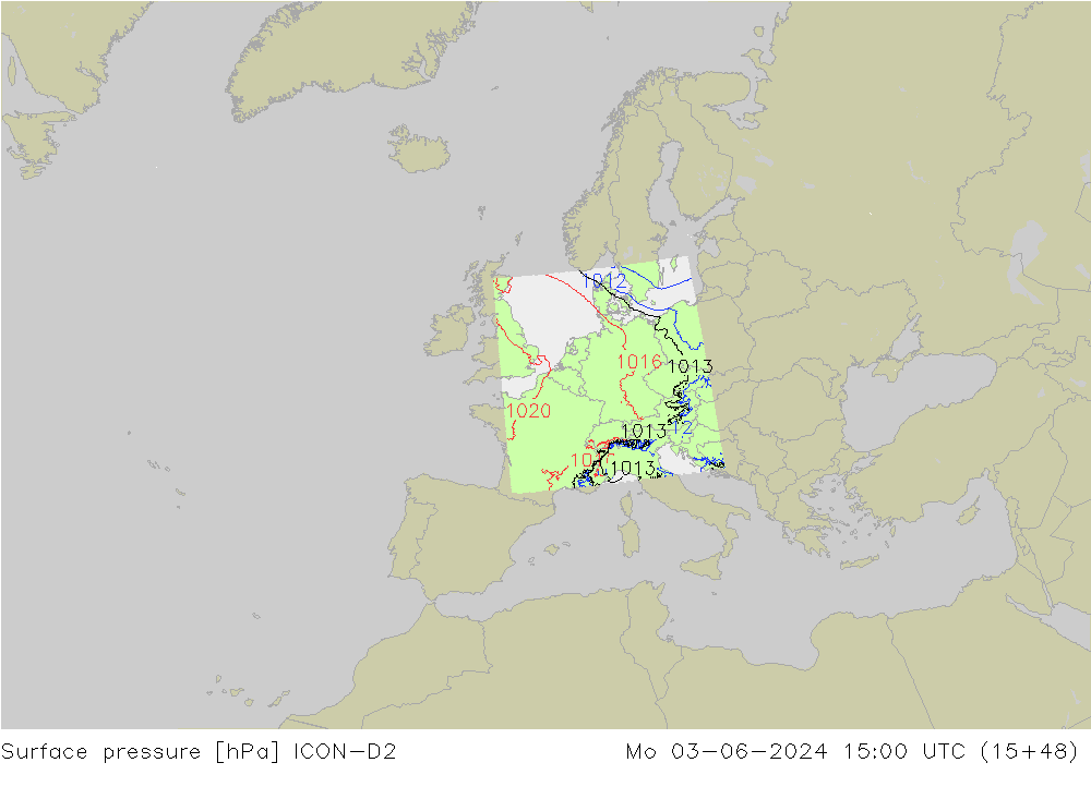 Surface pressure ICON-D2 Mo 03.06.2024 15 UTC