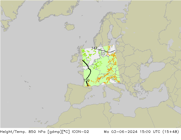 Height/Temp. 850 hPa ICON-D2  03.06.2024 15 UTC
