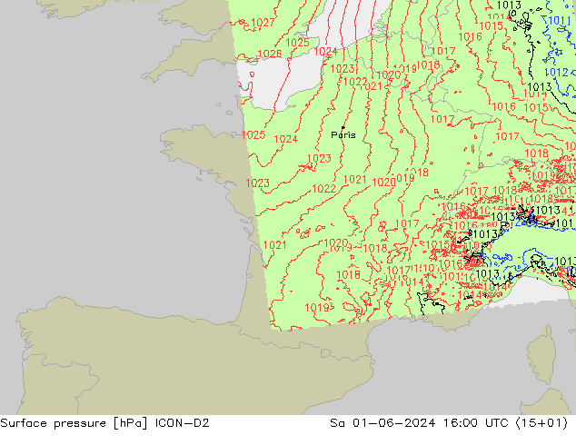 Atmosférický tlak ICON-D2 So 01.06.2024 16 UTC