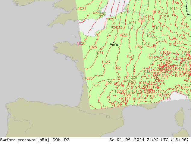 Surface pressure ICON-D2 Sa 01.06.2024 21 UTC