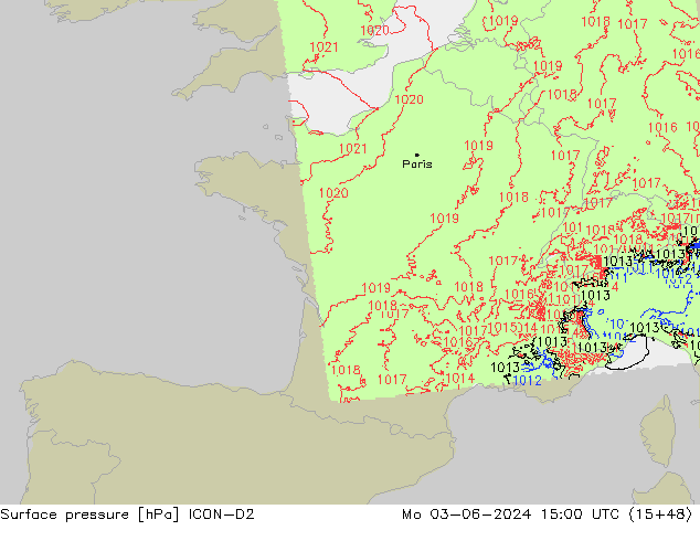 Atmosférický tlak ICON-D2 Po 03.06.2024 15 UTC
