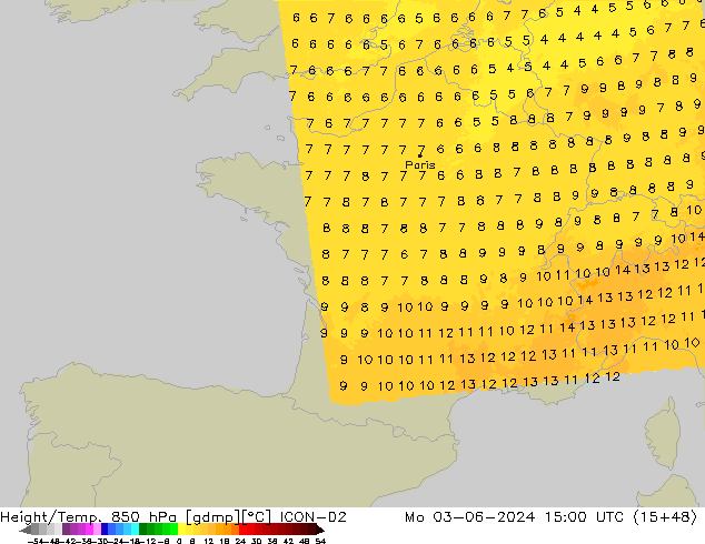 Height/Temp. 850 hPa ICON-D2  03.06.2024 15 UTC