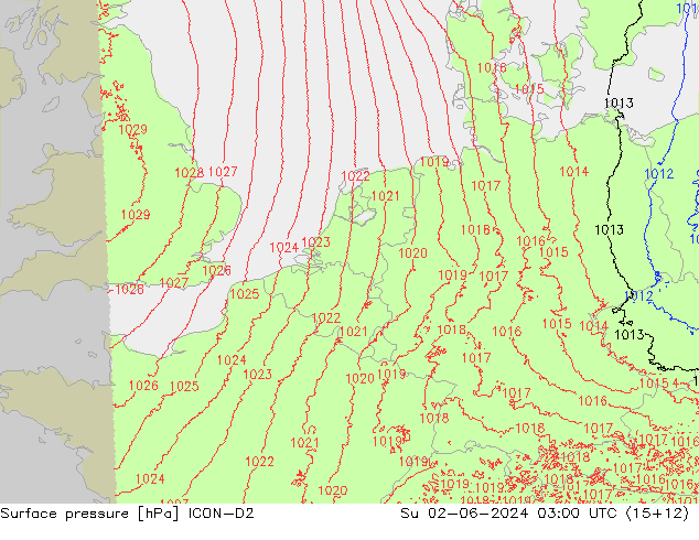 Surface pressure ICON-D2 Su 02.06.2024 03 UTC