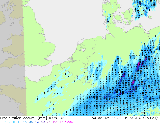 Precipitation accum. ICON-D2 Su 02.06.2024 15 UTC