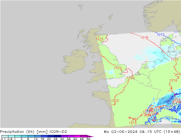 Yağış (6h) ICON-D2 Pzt 03.06.2024 15 UTC